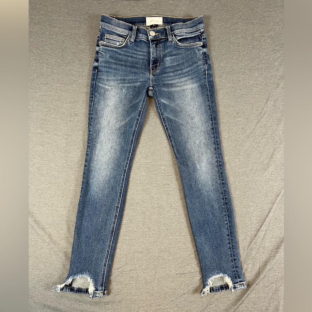 Current/Elliott Blue Ankle Cropped Jeans with Distressed Hem